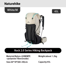 Naturehike Mochila de Senderismo Rock 2.0, Blanco, 45L, con funda impermeable para trekking y camping