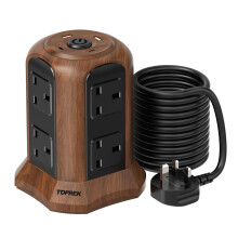 TOPREK Wooden Grain Tower Extension Lead with USB Slots(1800 J Surge)