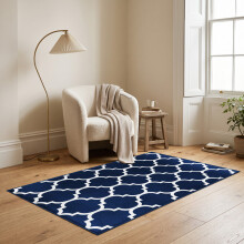 (80 x 150 cm (Kitchen Rug), Ava Navy) Printed Non Slip Rugs | Geometric Patterned Designer Carpets Premium Quailty 730GSM