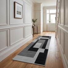 (60 x 220 cm (Hallway Runner), Milo Black Grey) Printed Non Slip Rugs | Geometric Patterned Designer Carpets Premium Quailty 730GSM