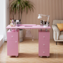 110x45cm Pink Manicure Table Nail Salon Workstation w/ Dust Collector, 1 Cabinet & 4 Drawers