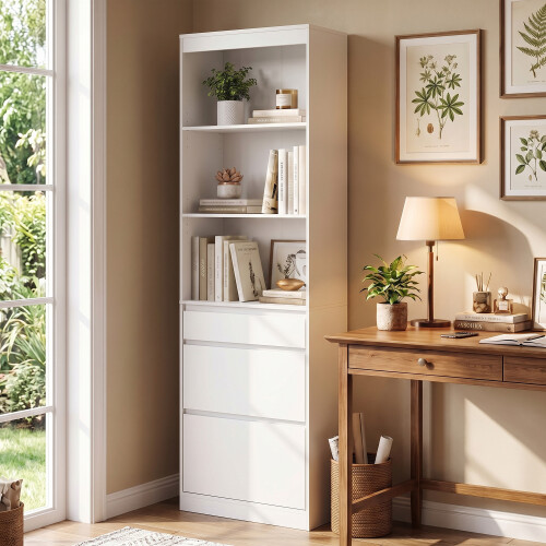 Homcom (White) HOMCOM Bookcase with Drawers Narrow Storage Adjustable Shelves 1