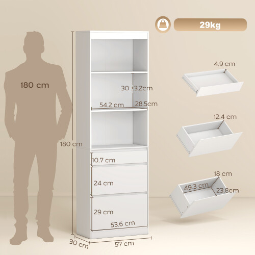 Homcom (White) HOMCOM Bookcase with Drawers Narrow Storage Adjustable Shelves 2