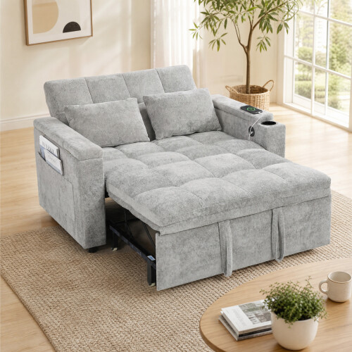 Homcom HOMCOM 2 Seater Sofa Bed with USB Port, Armrest Storage, Side Pockets, Grey