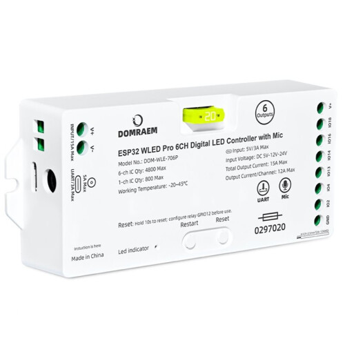DOMRAEM ESP32 Pro 6-Channel Digital WLED Controller WLED Programmable RGBIC Pixel LED Controller WS281X SK6812