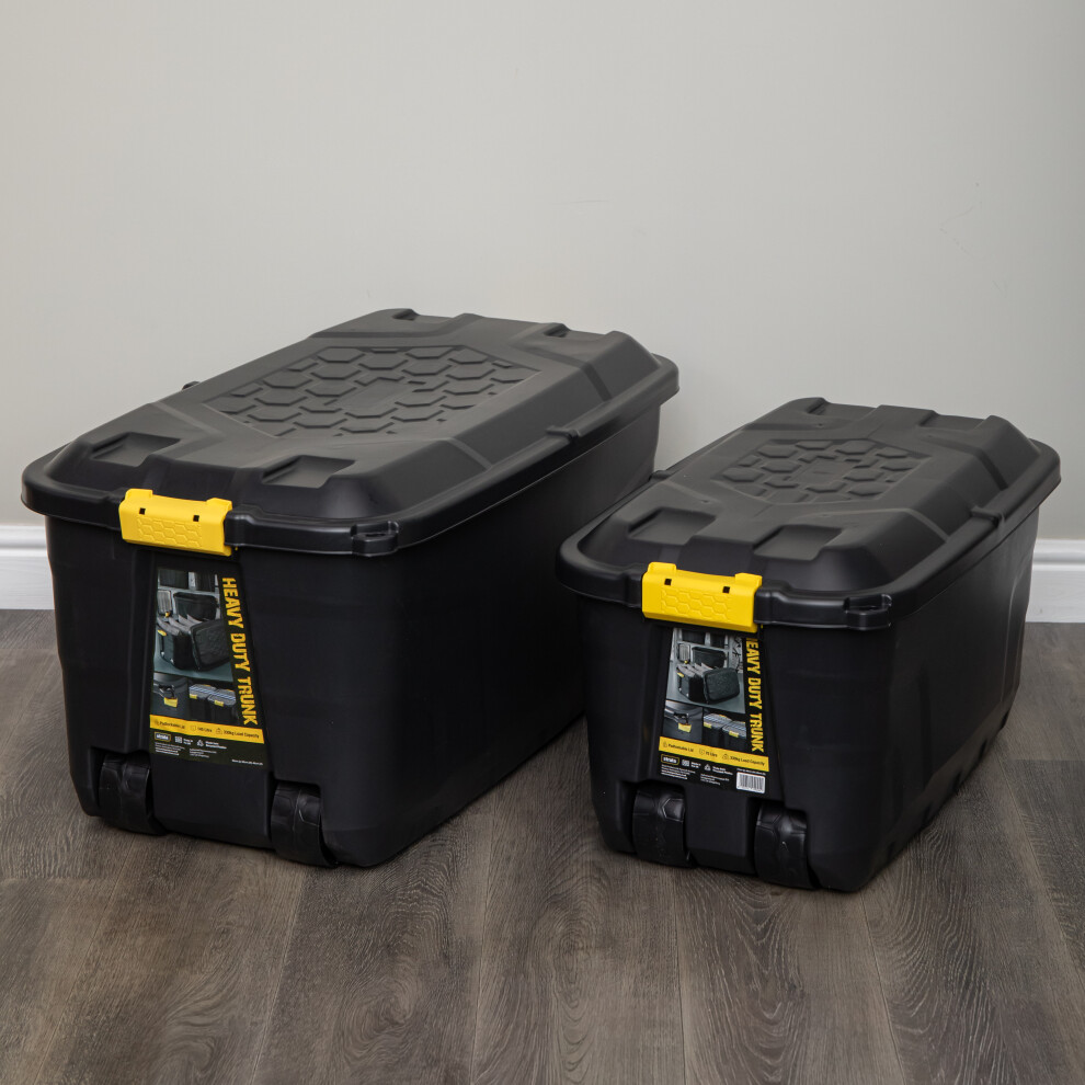 Samuel Alexander 2-Pack Heavy Duty Storage Trunks - 145L & 75L - Black Plastic - Stackable, Nestable, Lockable with Wheels - Image 3