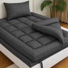 (Grey Stripes, King) 10cm Extra Thick Mattress Topper Ultra Soft Microfiber Box Stitched UK Sizes (Grey & White)