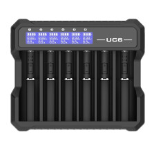 UC6 6-Slot Independence Charger LCD for Li-Ion Ni-MH USB-C Input 0V for 21700 18650 Li Battery AA AAA Battery Activation
