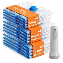 12-Pack Vacuum Compression Bags and 1pc Electric Vacuum Pump Clothing Vacuum Bags Maximize Space Saving Storing Clothes