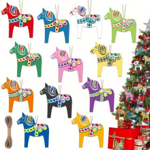 36 Pcs Dala Horse Swedish Christmas Ornaments Wood Hanging Decor 6 Colors Xmas Tree Sweden Horse Pendant Bulk