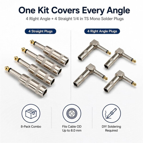 8Pack 1/4 Solder Plug Right Angle and Straight Audio Connector Jack Plug 1