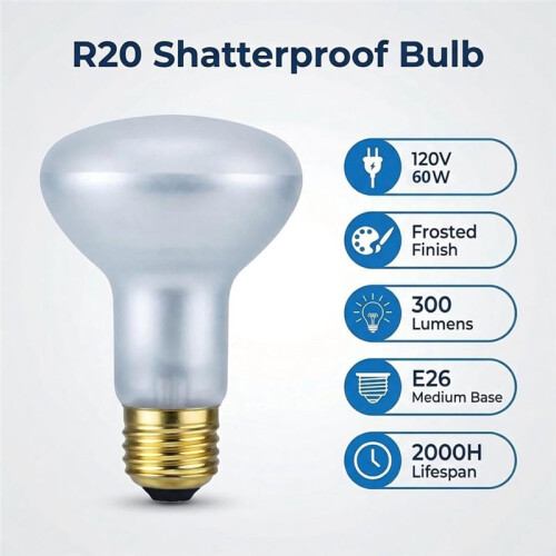 R20 60W Popcorn Machine Light Bulb 2 Pack, E26 Heat Shatterproof S4886 Replacement, 2700K , Dimmable 120V Incandescent 2