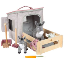 Nachahmungsspiel - SMALL FOOT COMPANY - Esel mit Stall und Zubehör - Rosa Cordbeutel - 20 Teile - Holz & Polyester