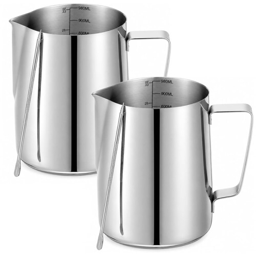 2 Pack 32oz Stainless Steel Milk Frothing Pitcher, Large Capacity
