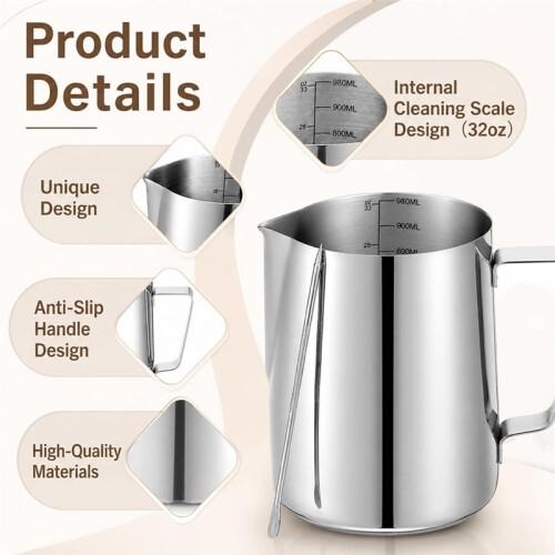 2 Pack 32oz Stainless Steel Milk Frothing Pitcher, Large Capacity 2