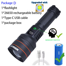 Linterna táctica LED de largo alcance, impermeable IPX7, zoom ajustable, carga tipo C, naranja con batería 26650