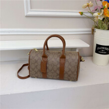 (Brown, 25.5*15.5*11.5) Retro Printed Cylindrical Boston Handbag Light Travel Bag