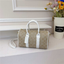 (White, 25.5*15.5*11.5) Retro Printed Cylindrical Boston Handbag Light Travel Bag