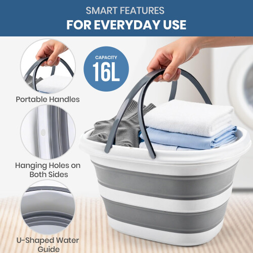 16L Collapsible Washing Up Bowl - Foldable Laundry Basket with Handles 2