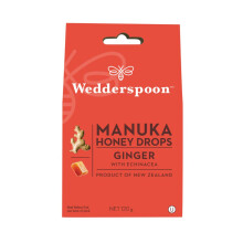 Wedderspoon Natural Manuka Honey Drops with Ginger & Echinacea – 20 Pack, Individually Wrapped, Gluten-Free, Dairy-Free, Nut-Free, Non-GMO, Premium