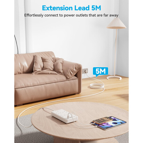 Extension Lead with 6 USB Slots (3 USB C), 4 Way Surge Protected, 5M 1
