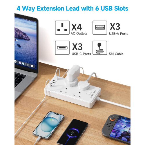 Extension Lead with 6 USB Slots (3 USB C), 4 Way Surge Protected, 5M 2