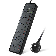 BOCHLION Extension Lead with 6 USB Slots, 5 Way Plug Extension Socket Surge Protection Power Strip with PD30W USB C Slot, Independent Switches and 2M