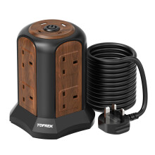 TOPREK Wooden Grain Tower Extension Lead with USB Slots(1800 J Surge)
