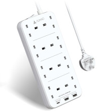 AUNNO Extension Lead with USB Slots, 8 Way Sockets Outlets with 2 USB-A Ports and 1 USB-C Ports, 1.8M Extension Cable with Switch Surge Protected Pow