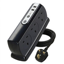 Masterplug Six Socket Switched Inline Power Surge Protected Extension Lead with Two USB Charging Ports, 2 Metres, Gloss Black
