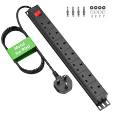 7 Way Extension Lead Surge Protection with Switch, Wall Rack Mounted Power Strip for 19-inch Rack, Office, Workshop and Industrial Use, Metal Housing