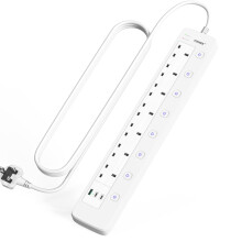 TOPREK 7 Plug Extension Lead with USB Slots, 2100J Surge Protected, 2M Cord