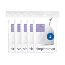 simplehuman Code J 100 Liners, 50% Recycled Custom Fit Bin Bags in Dispenser Packs with Durable Drawstring Tie Handle, 30-45L, White