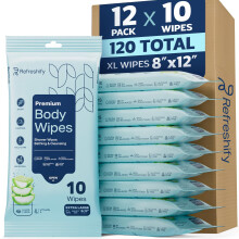 120 XL Shower Wipes – Body Wipes for Adults Bathing No Rinse – 12 Packs of 10 – Extra Moist Bath with Aloe & Vitamin E for Camping, Travel, Gym