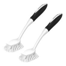 sh Brush with Handle, 2 Pack Stiff Bristles Dish Scrubber with Built-in Scraper Dish Scrub Brushes for Cleaning Dishes, Pots and Pans, Kitchen Sink,