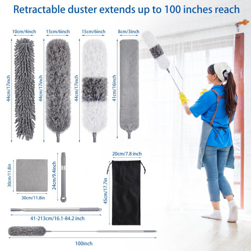 wlich 11 Pcs Feather Duster with Extension Pole, 15-84In Grey Cleaning Kit 1