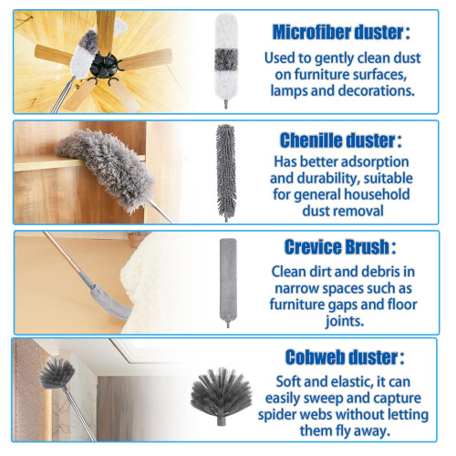 wlich 11 Pcs Feather Duster with Extension Pole, 15-84In Grey Cleaning Kit 2