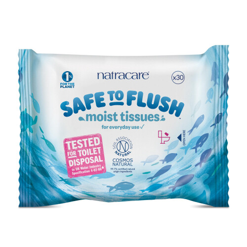 Natracare Safe to Flush moist tissues | 30 Wipe Pack | Plastic Free | Certified Flushable -8 Pack