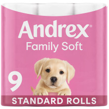 Andrex Family Soft Toilet Rolls - 9 Toilet Roll Pack - Bulk Buy Toilet Paper - Gentle and Soft on Your Family's Skin - Dermatologically Tested