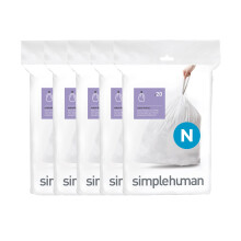 simplehuman Code N 100 Liners, 50% Recycled Custom Fit Bin Bags in Dispenser Packs with Durable Drawstring Tie Handle, 45-50L, White