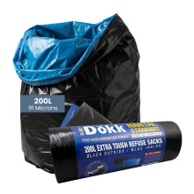 Florex Dokk 200L Extra Tough Refuse Sacks 91µm (10 Bags) Heavy Duty Bin Bags, 100 x 150cm Black Bin Bags for Wheelie Bins & Outdoor Use, Strong Rubbi