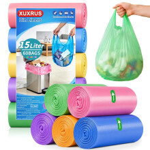 XUXRUS 15L Small Bin Bags with Tie Handles, Colourful, Bathroom, 60 Count