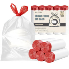 RULDGEE Heavy Duty Bin Liners 50L Swing Bin Bags with Tie Tape Drawstring Handles 60 Counts White Plastic Trash Bags for Kitchen