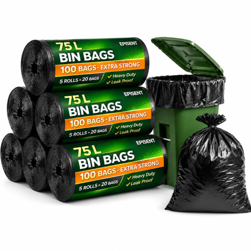 EPISENT 75L Black Bin Bags, 100 Refuse Sacks, 72x85cm