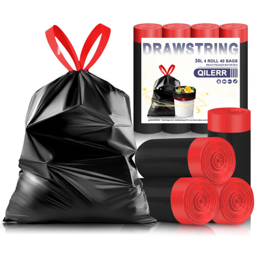 QILERR Black Bin Bags 35L - 40 Count Drawstring Kitchen Pedal Bin Liners