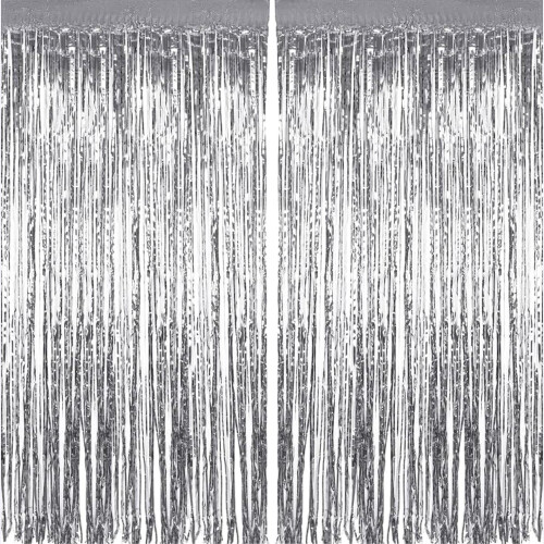 2pcs Foil Fringe Curtain, Silver Tinsel Backdrop 3.2ft x 6.5ft