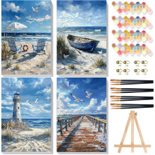 4 Pack Beach Paint by Numbers for Adults with Framed Canvas & Wooden Easel