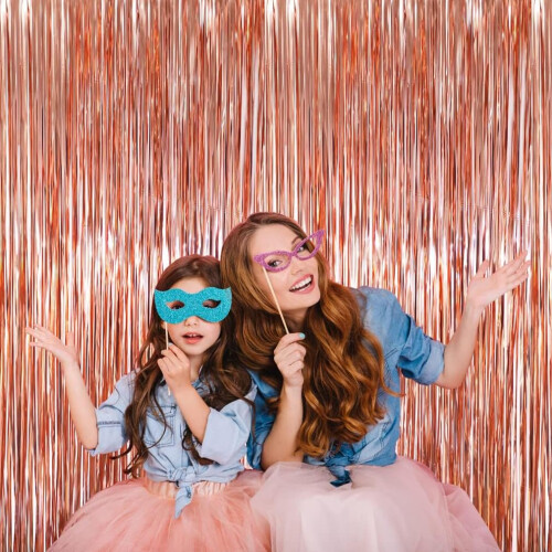Rose Gold Tinsel Curtain Party Backdrop, 2 Pack Metallic Streamers Decor