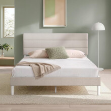 Zinus Piper Double Upholstered Bed Frame with Headboard (135 x 190 cm) – Fabric Bed Frame with Wooden Slat Support, Easy Assembly – Off White