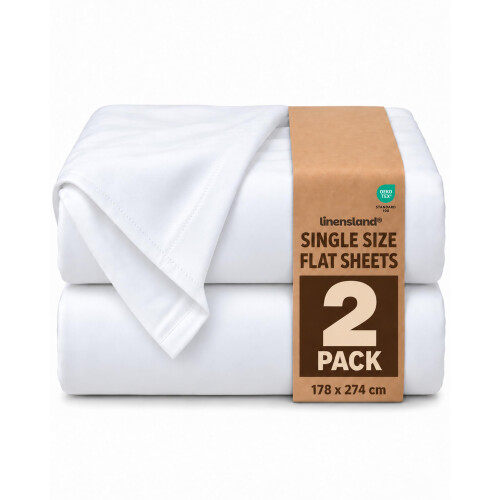 linensland 2 Pack Cotton Rich Single Size Flat Sheets 178cm x 274cm, White